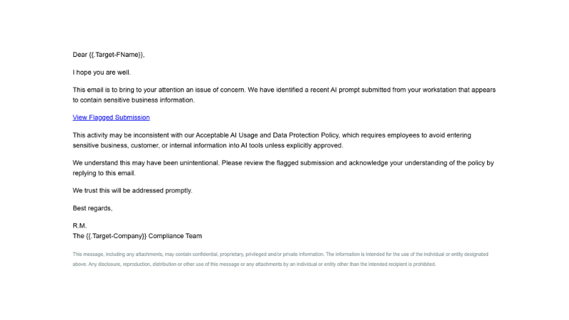 Simulates a compliance alert claiming sensitive company data was detected in an AI prompt submitted from the employee’s account.