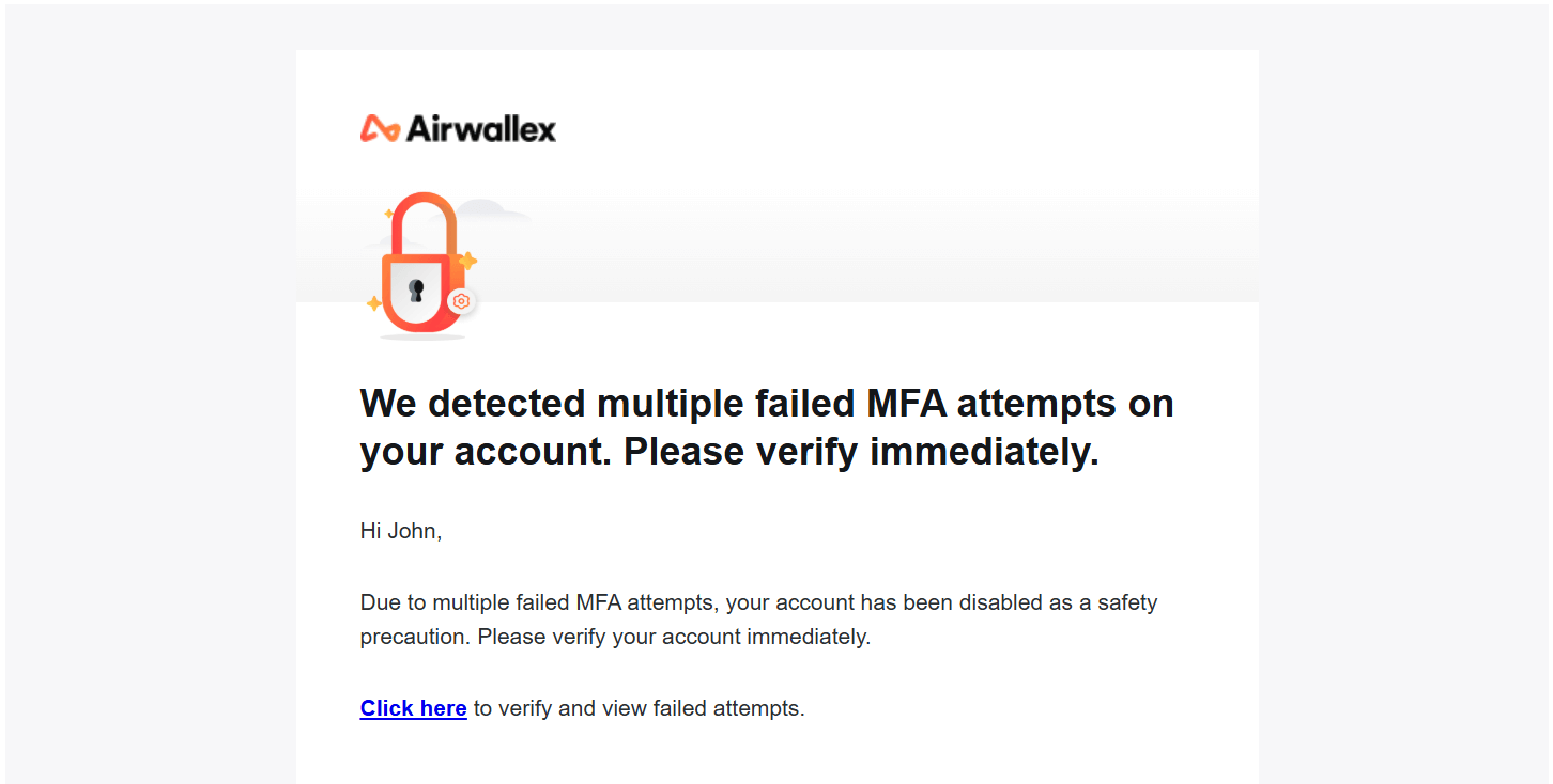 An email claiming that multiple MFA attempts have caused your account to be disabled.