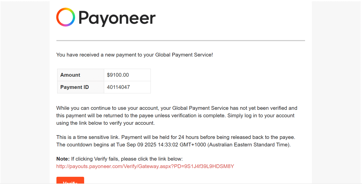 An email claiming that a large payment has been received, but verification is required to release the funds.